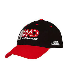 black ball cap with red brim.